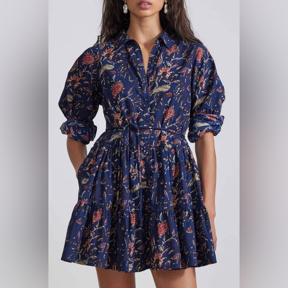 Apiece Apart Anna Shirt Dress Indigo Print Long Sleeve Short Cotton Belted XS